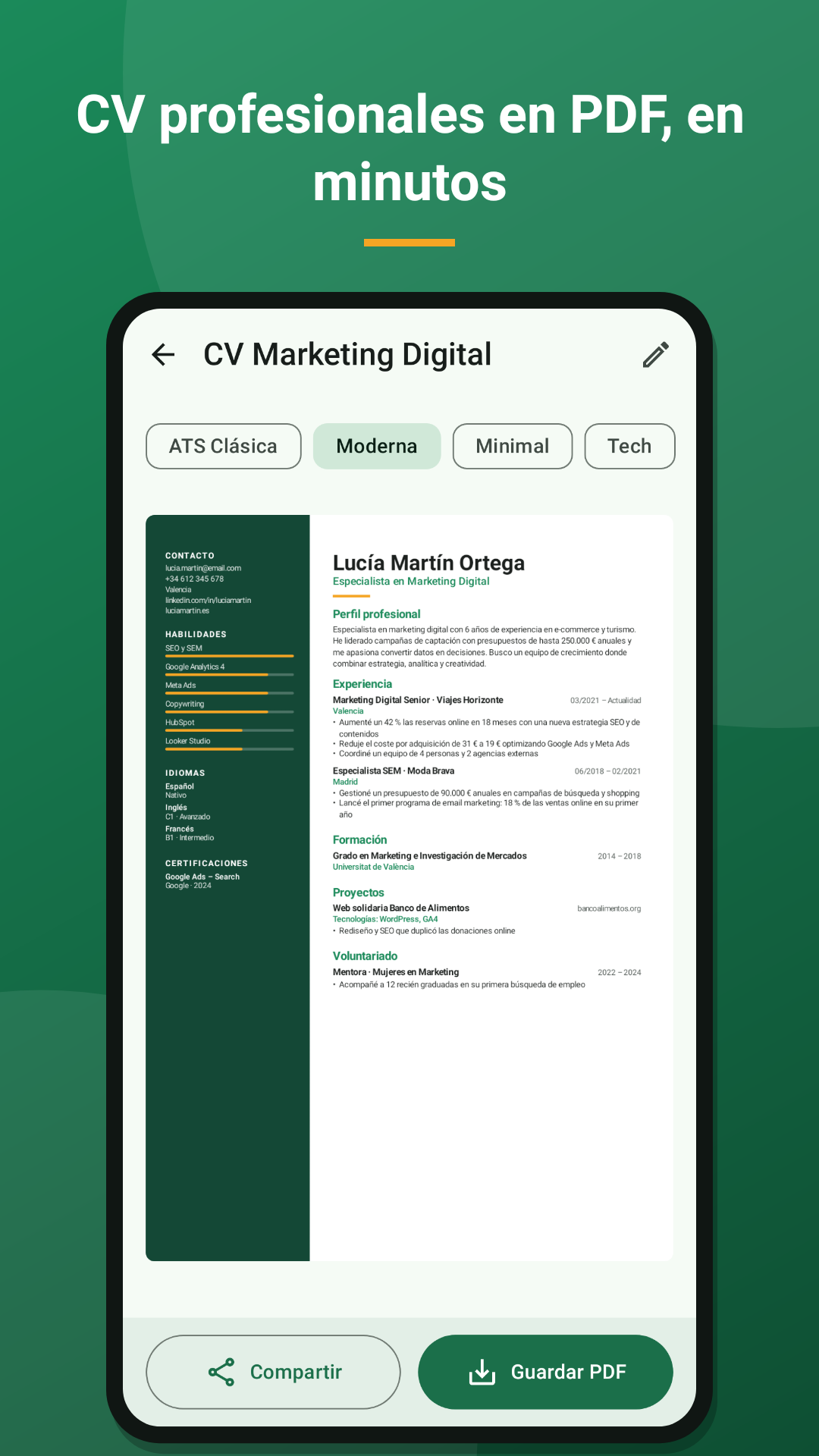 Vista previa de un CV en PDF con la plantilla Moderna