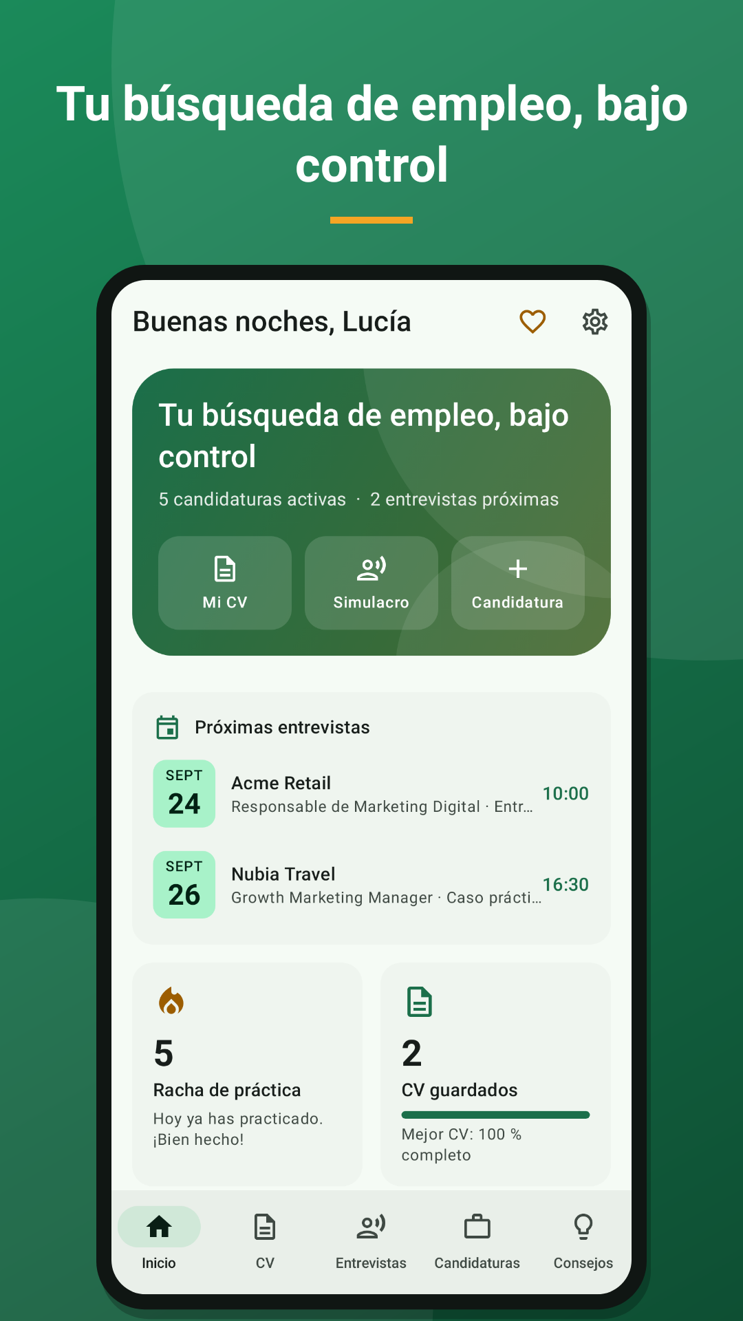 Pantalla de inicio de Contratado con próximas entrevistas y racha de práctica